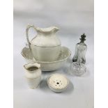 A VINTAGE THREE PIECE WASH JUG SET BEARING MAKERS MARK "PURNIVALS 1913" ALONG WITH TWO GLASS