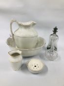 A VINTAGE THREE PIECE WASH JUG SET BEARING MAKERS MARK "PURNIVALS 1913" ALONG WITH TWO GLASS