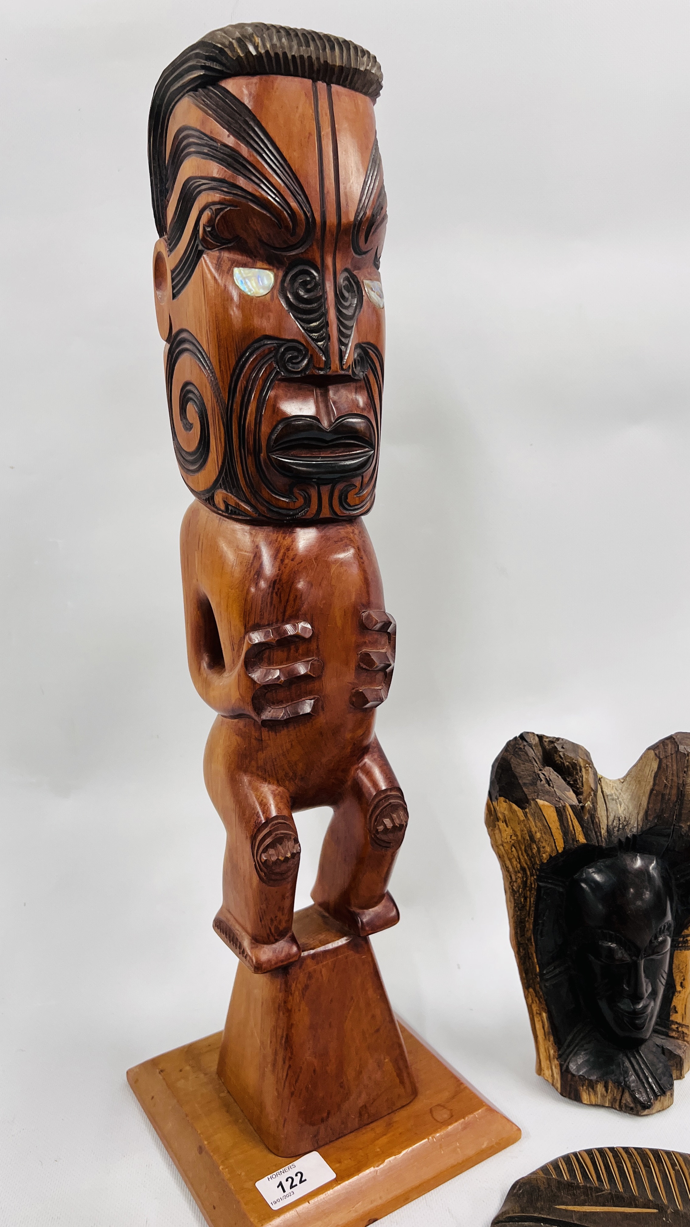 AN ETHNIC HARDWOOD CARVING HEIGHT 22CM., TRIBAL WALL MASK HEIGHT 40CM. - Image 6 of 7