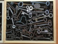 A COLLECTION OF VARIOUS OLD KEYS IN TWO BOXES.