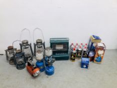A COLLECTION OF PARAFFIN LAMPS AND BURNERS TO INCLUDE PORTABLE GAS HEATER (BUTANE),