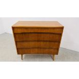 MID CENTURY TEAK FINISH FOUR DRAWER CHEST ON FOUR SUPPORTS WIDTH 91CM. DEPTH 42CM. HEIGHT 88CM.