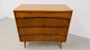 MID CENTURY TEAK FINISH FOUR DRAWER CHEST ON FOUR SUPPORTS WIDTH 91CM. DEPTH 42CM. HEIGHT 88CM.