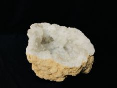 CALCITE CRYSTALS IN A QUARTZ LINED GEODE (IN TWO PARTS), W 20CM X H 19CM X D 13CM.