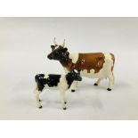 BESWICK COW CH ICKHAM BESSIE 198 (HORN A/F) ALONG WITH A BLACK AND WHITE BESWICK CALF