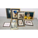 A BOX OF ASSORTED FRAMED PICTURES TO INCLUDE THREE EGYPTIAN PAPYRUS PICTURE,