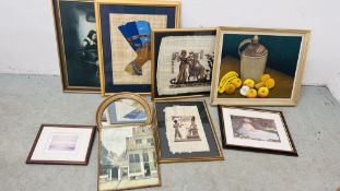 A BOX OF ASSORTED FRAMED PICTURES TO INCLUDE THREE EGYPTIAN PAPYRUS PICTURE,