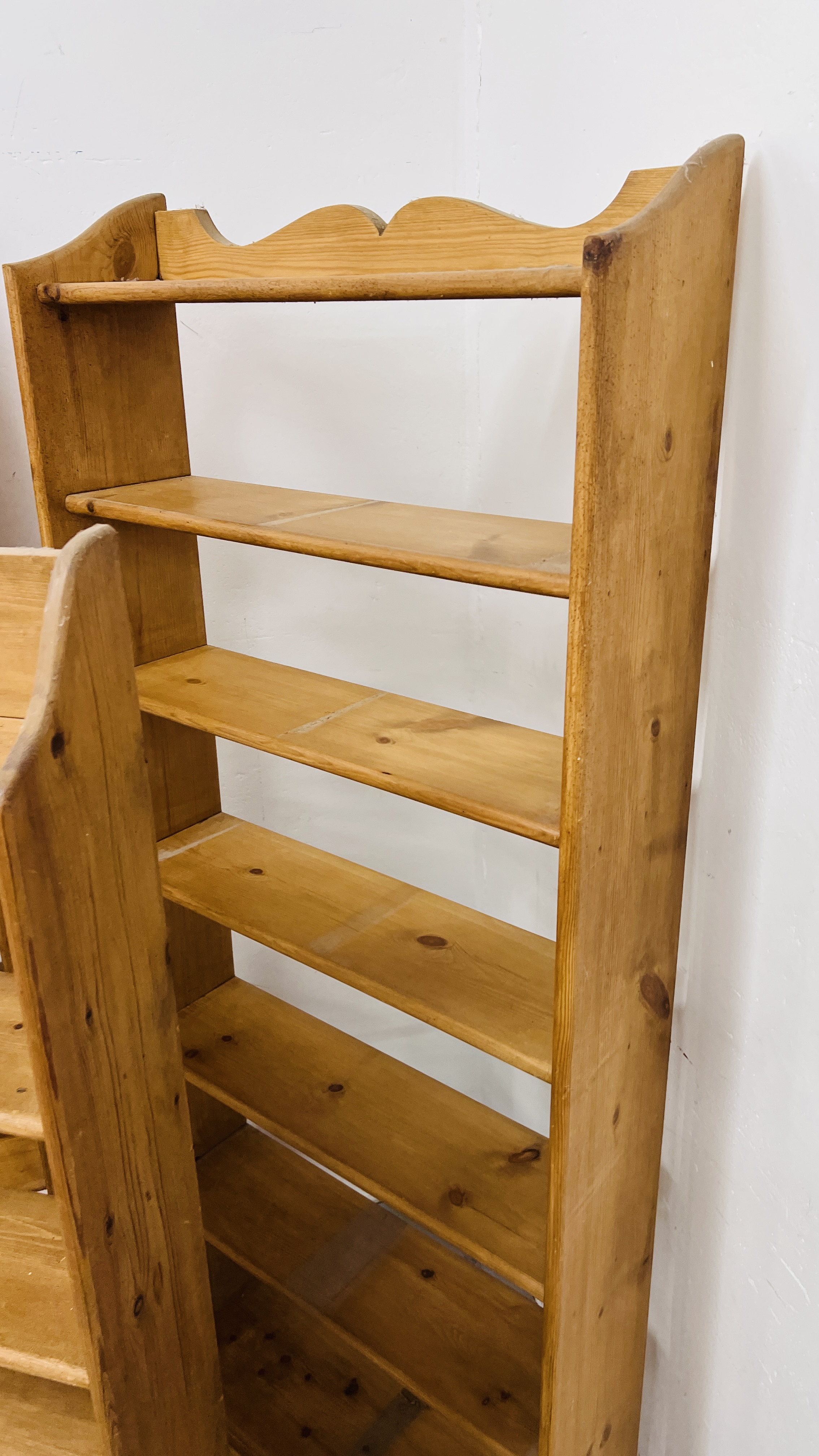 THREE WAXED PINE OPEN BOOK SHELVES TO INCLUDE 2 X SEVEN TIER WIDTH 73CM. HEIGHT 174CM. - Image 5 of 14