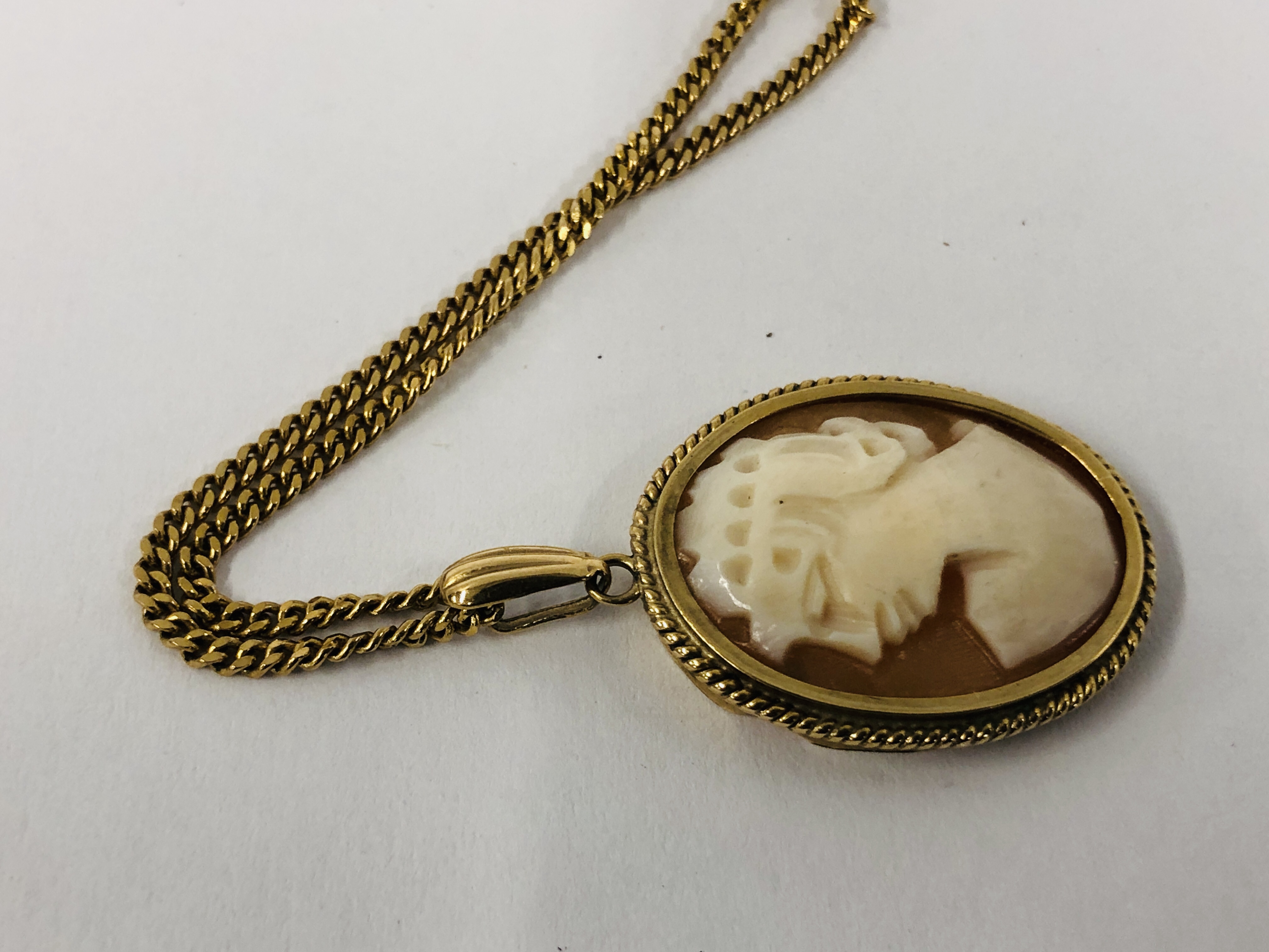 9CT. GOLD CAMEO PENDANT IN AN OVAL SETTING ON A FINE 9CT. - Image 4 of 10