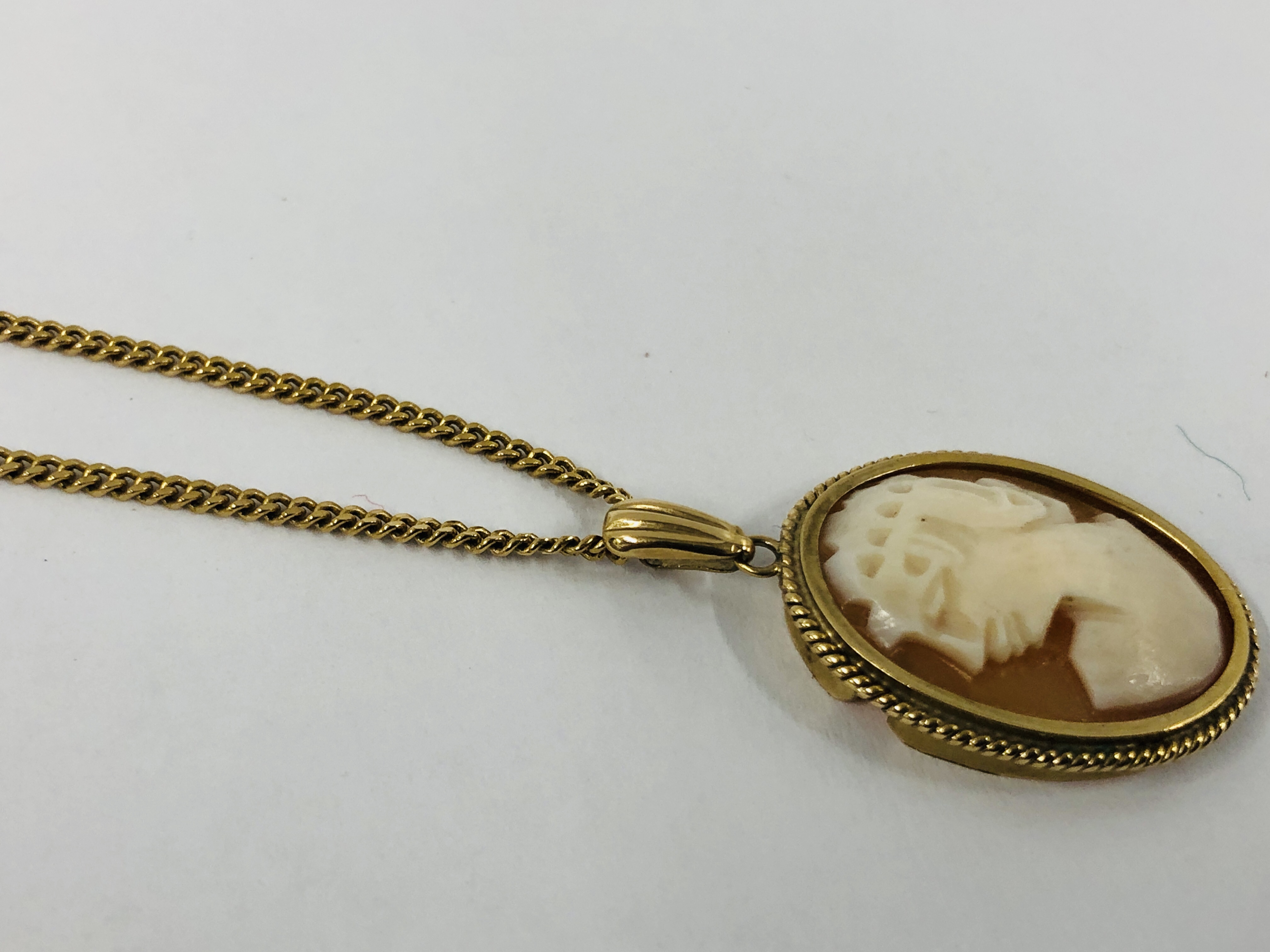 9CT. GOLD CAMEO PENDANT IN AN OVAL SETTING ON A FINE 9CT. - Image 8 of 10