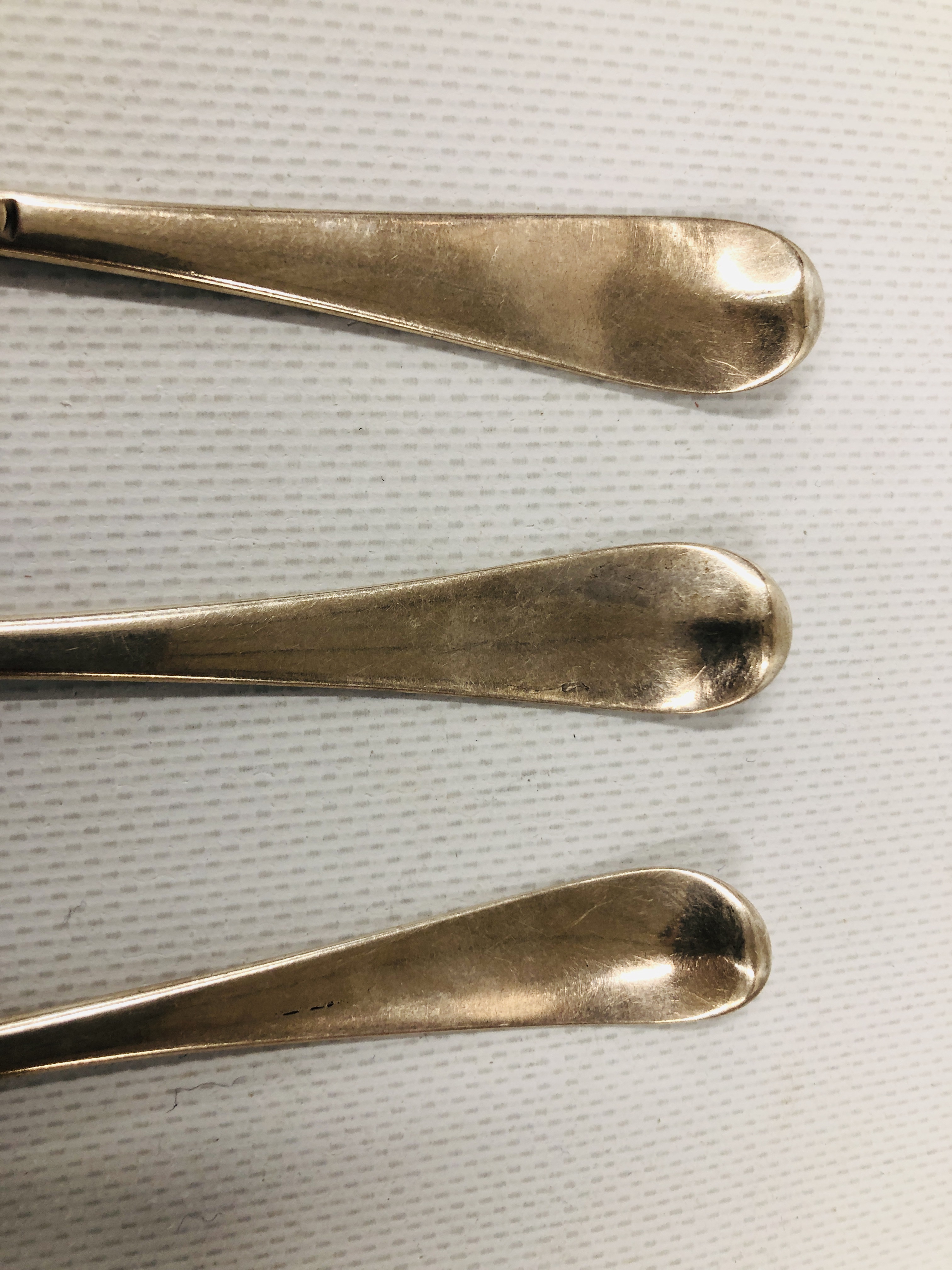 THREE GEORGE II SILVER OLD ENGLISH PATTERN DESSERT SPOONS, PROBABLY LONDON 1759. - Image 7 of 8
