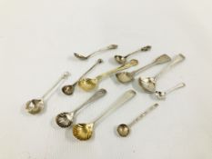 A GROUP OF 11 VARIOUS SILVER SALT AND MUSTARD SPOONS GEORGE III AND LATER.