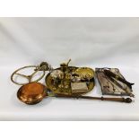 BOX OF MIXED METAL WARE TO INCLUDE A TRENCH ART CLOCK, THREE PIECE SILVER PLATED TEASET AND TRAY,
