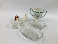 A PAIR OF LATE GEORGIAN OVAL CUT GLASS DISHES WIDTH 22CM,