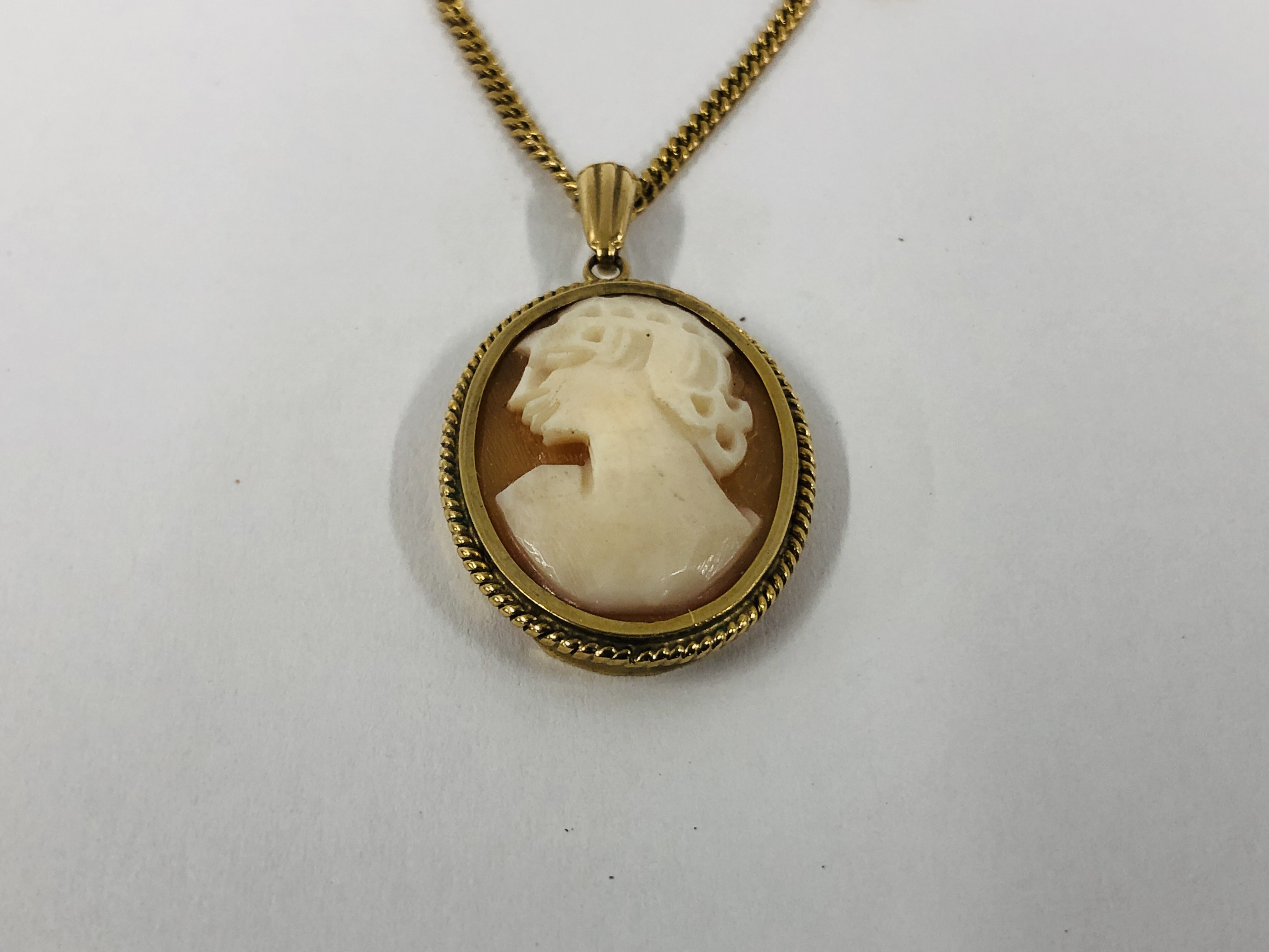 9CT. GOLD CAMEO PENDANT IN AN OVAL SETTING ON A FINE 9CT. - Image 2 of 10