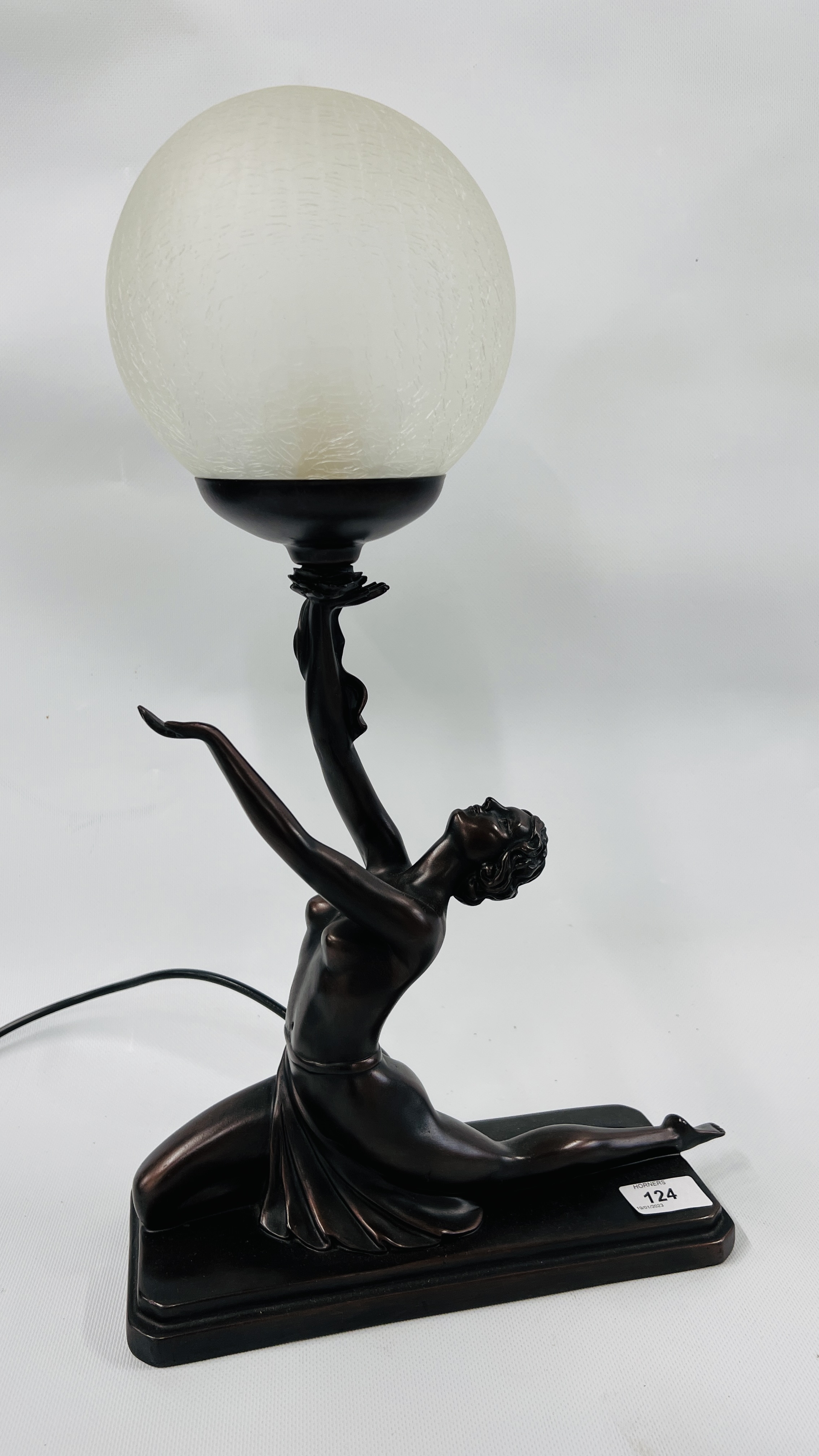 AN ART DECO STYLE FIGURED NUDE TABLE LAMP WITH CRACKLE GLAZED SHADE BY CROSA 1998 HEIGHT 48CM -