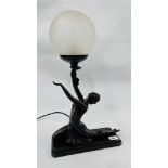 AN ART DECO STYLE FIGURED NUDE TABLE LAMP WITH CRACKLE GLAZED SHADE BY CROSA 1998 HEIGHT 48CM -