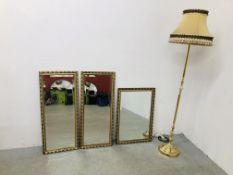 REPRODUCTION BRASS LAMP STANDARD AND THREE GILT FRAMED MIRRORS WITH BEVELLED GLASS (2 X 93CM.