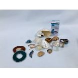 A COLLECTION OF SHELLS, HARD STONE EGGS, TWO CRYSTAL SLICES,