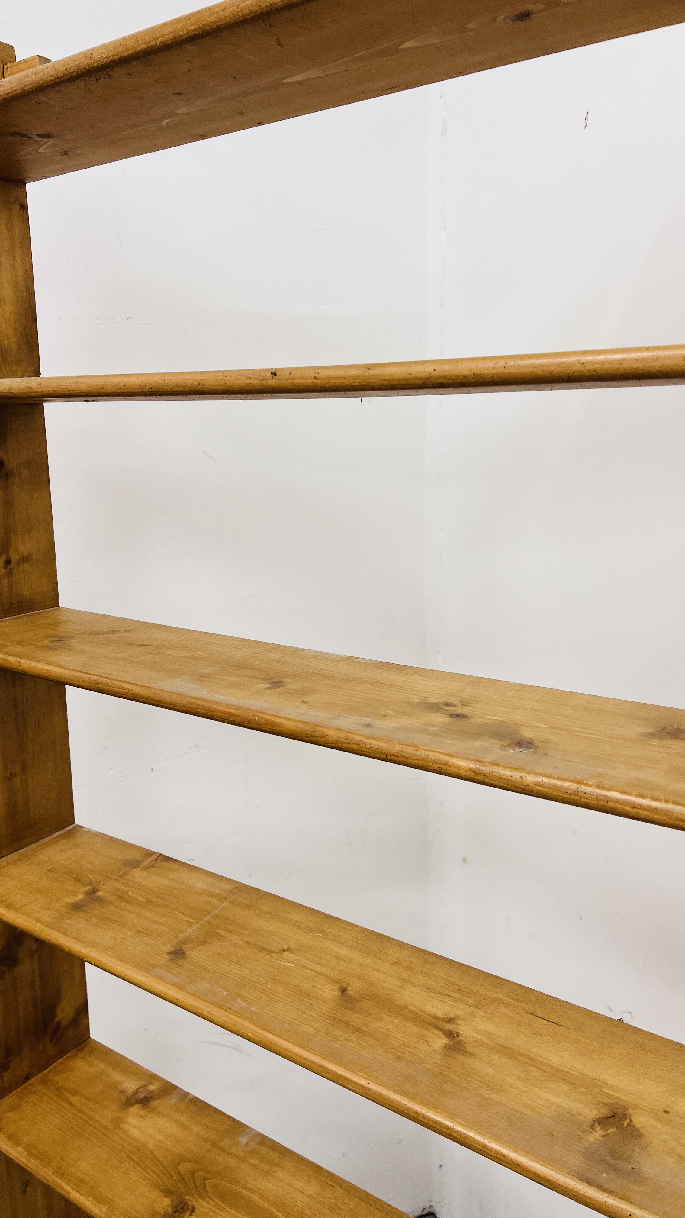 THREE WAXED PINE OPEN BOOK SHELVES TO INCLUDE 1 X SEVEN TIER WIDTH 88CM. HEIGHT 176CM. - Image 5 of 6