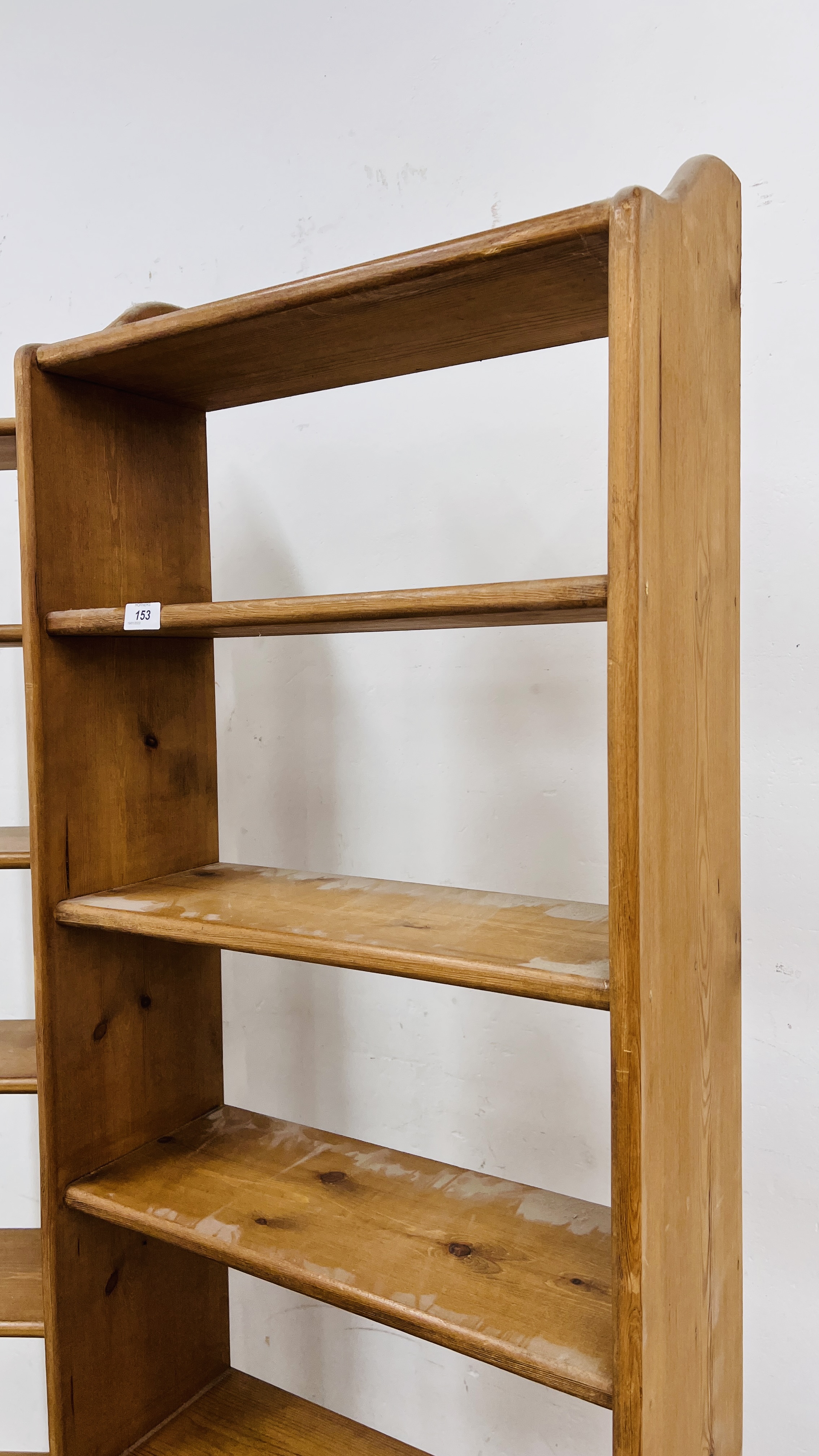 THREE WAXED PINE SEVEN TIER OPEN BACK SHELVES TO INCLUDE 2 X WIDTH 55CM. HEIGHT 176CM. - Image 5 of 13