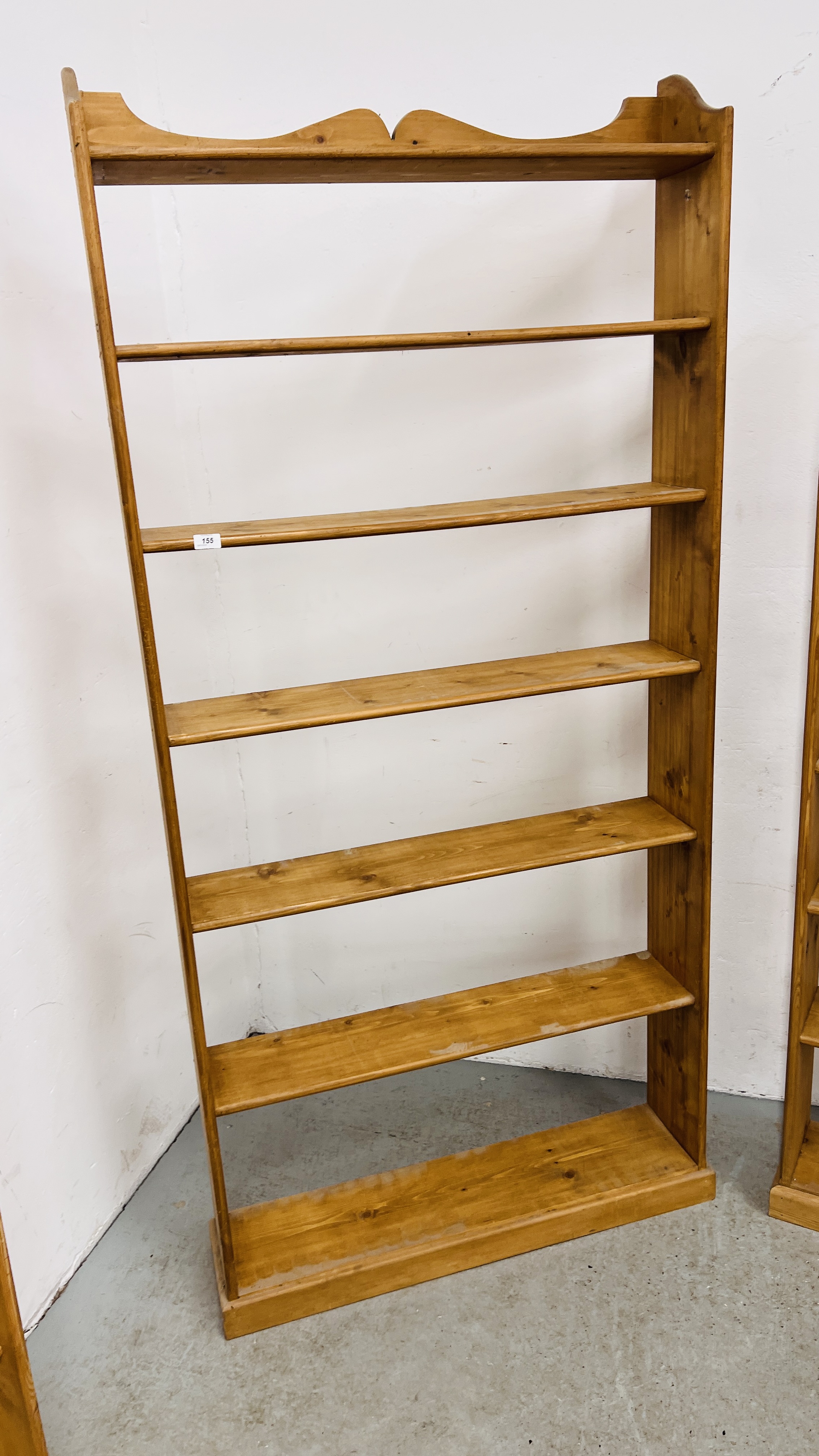 THREE WAXED PINE OPEN BOOK SHELVES TO INCLUDE 1 X SEVEN TIER WIDTH 88CM. HEIGHT 176CM. - Image 3 of 6