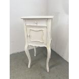 SHABBY CHIC SINGLE DRAWER, SINGLE DOOR CUPBOARD ON FOUR SHAPED LEGS HEIGHT 86CM. WIDTH 41CM.