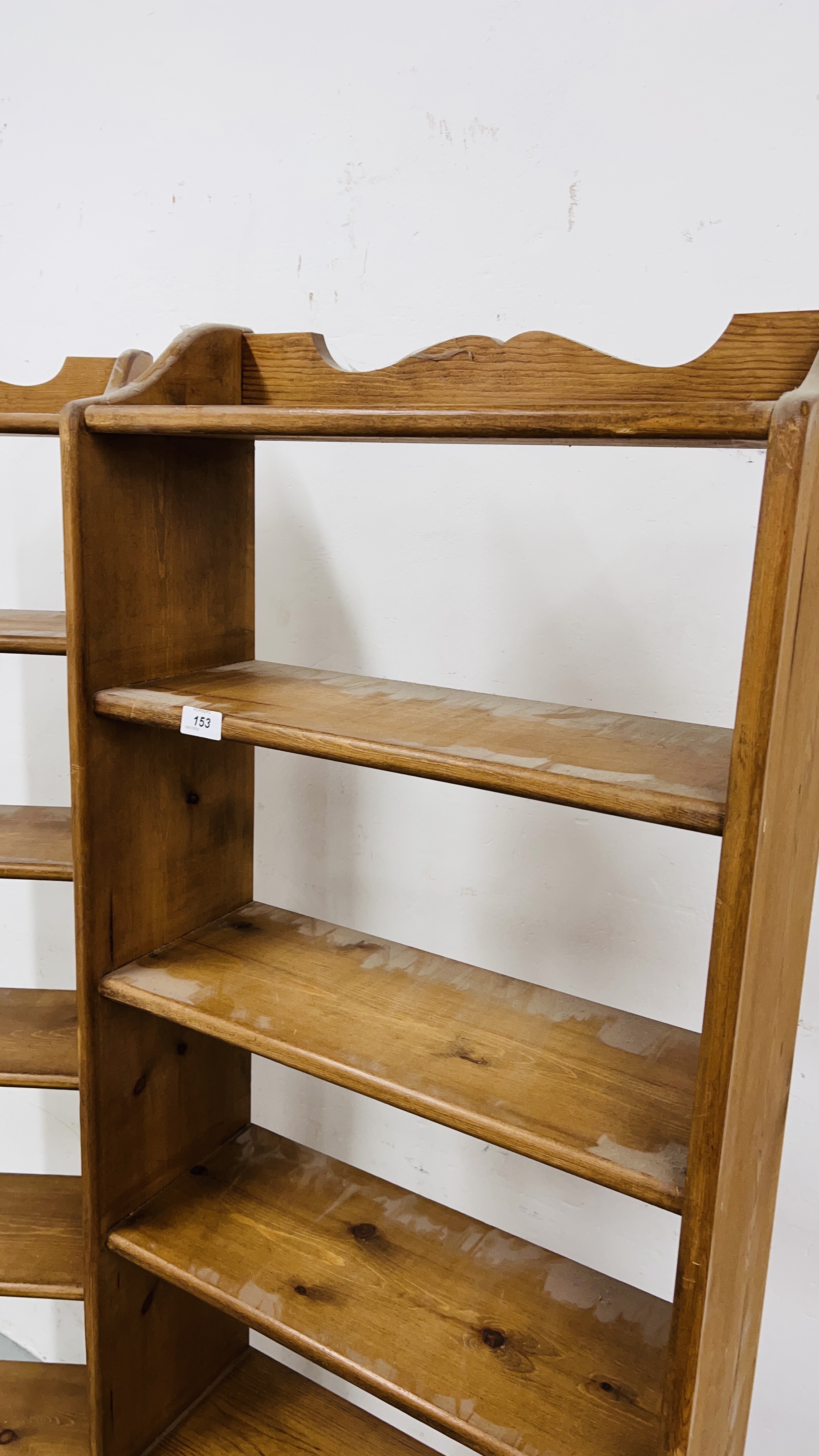 THREE WAXED PINE SEVEN TIER OPEN BACK SHELVES TO INCLUDE 2 X WIDTH 55CM. HEIGHT 176CM. - Image 4 of 13