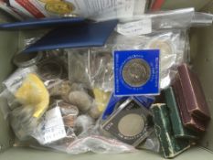 BOX OF MIXED GB COINS, CROWNS FROM 1951 (4), CUPRO-NICKEL, BRONZE PENNIES ETC.