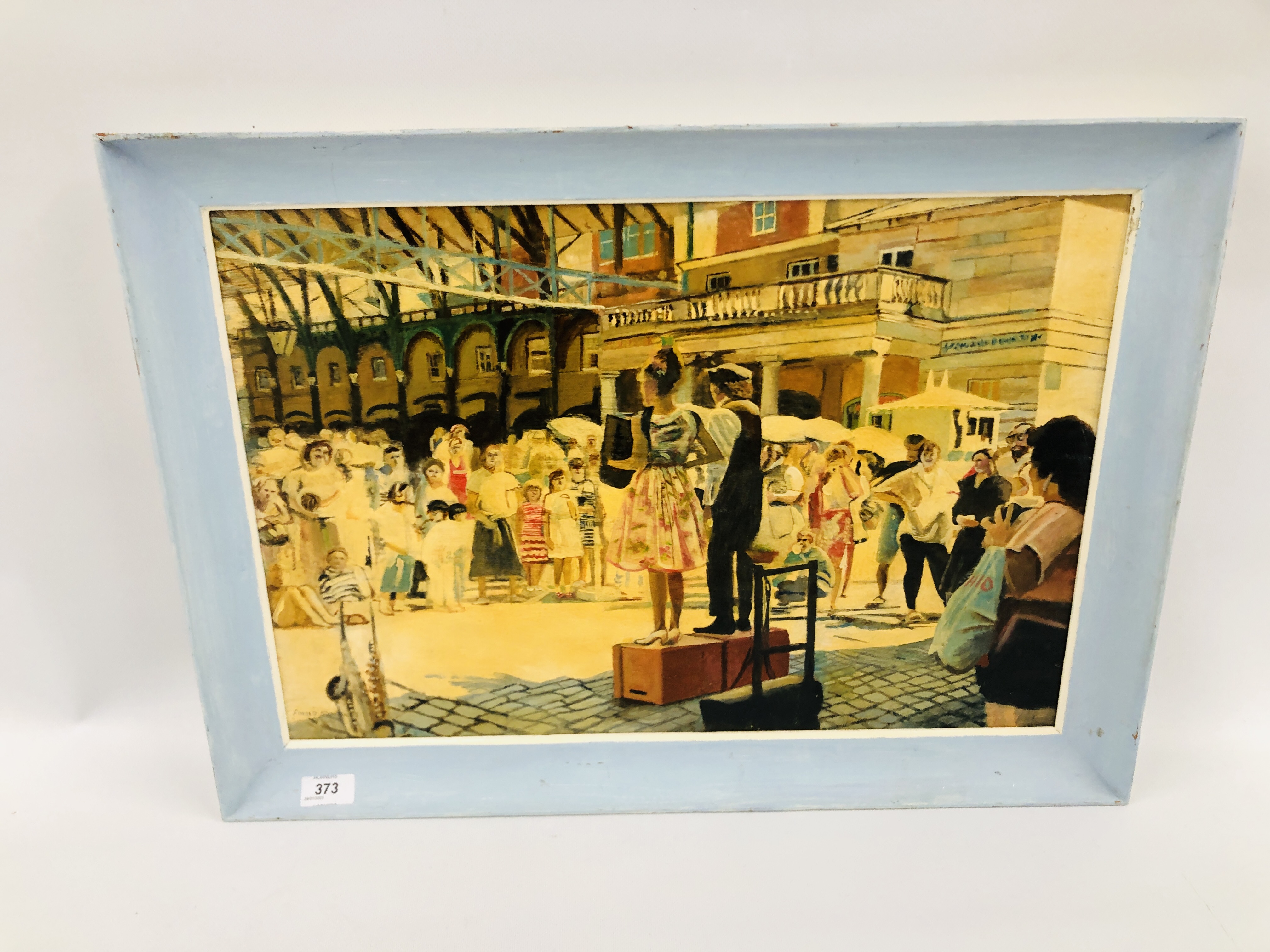 FRAMED AND MOUNTED OIL ON BOARD "BUSKERS ON THORPE STATION" BEARING SIGNATURE SIMONDS