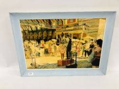 FRAMED AND MOUNTED OIL ON BOARD "BUSKERS ON THORPE STATION" BEARING SIGNATURE SIMONDS