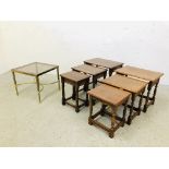 TWO OAK GRADUATED NEST OF TABLES AND VINTAGE BRASS FRAMED GLASS TOP COFFEE TABLE WITH HALF MOON