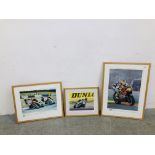 THREE FRAMED AND MOUNTED MOTO GP LIMITED EDITION PRINTS TO INCLUDE JOHN REYNOLDS 51/500 SIGNED,