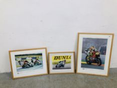 THREE FRAMED AND MOUNTED MOTO GP LIMITED EDITION PRINTS TO INCLUDE JOHN REYNOLDS 51/500 SIGNED,