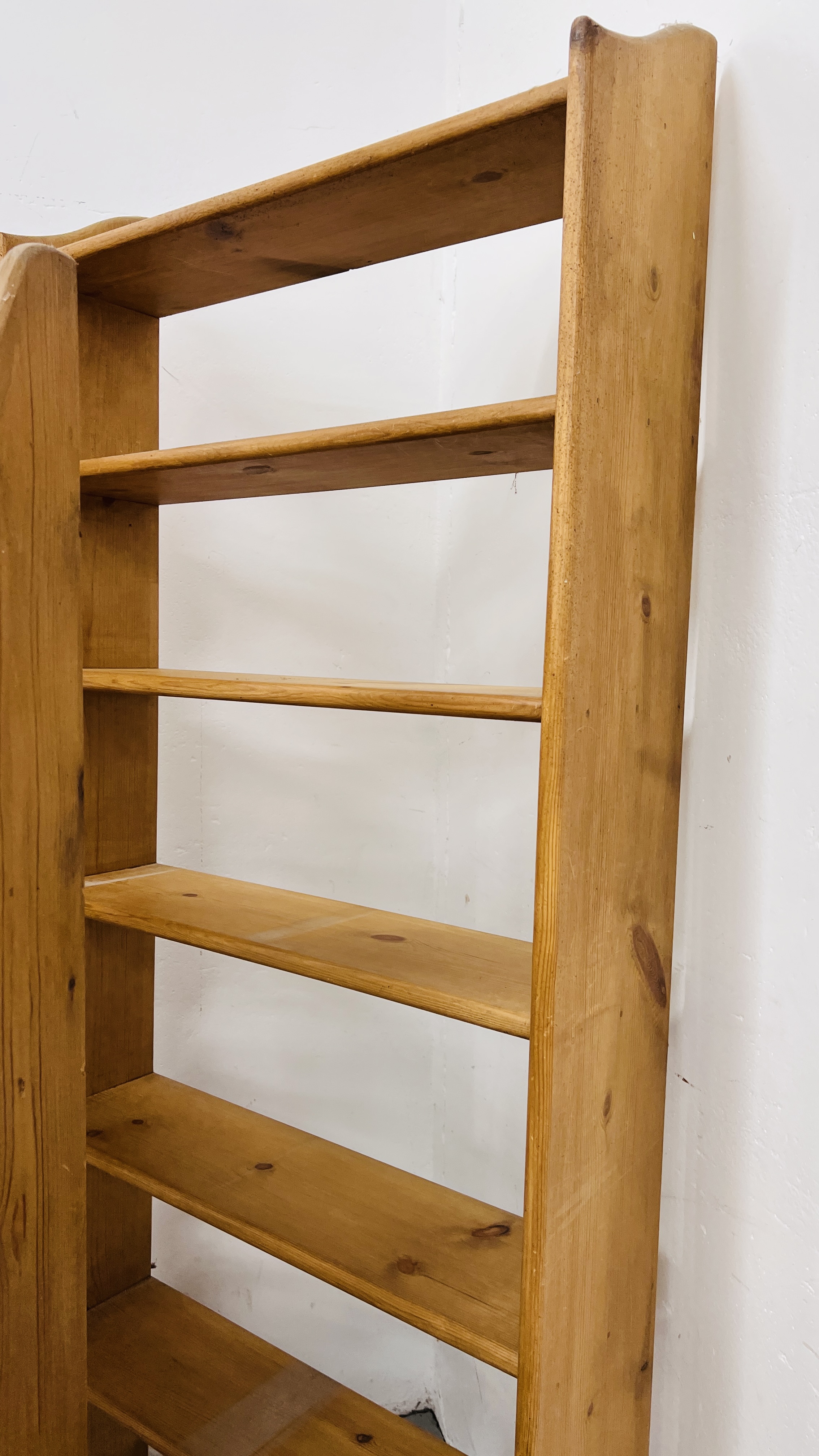 THREE WAXED PINE OPEN BOOK SHELVES TO INCLUDE 2 X SEVEN TIER WIDTH 73CM. HEIGHT 174CM. - Image 6 of 14