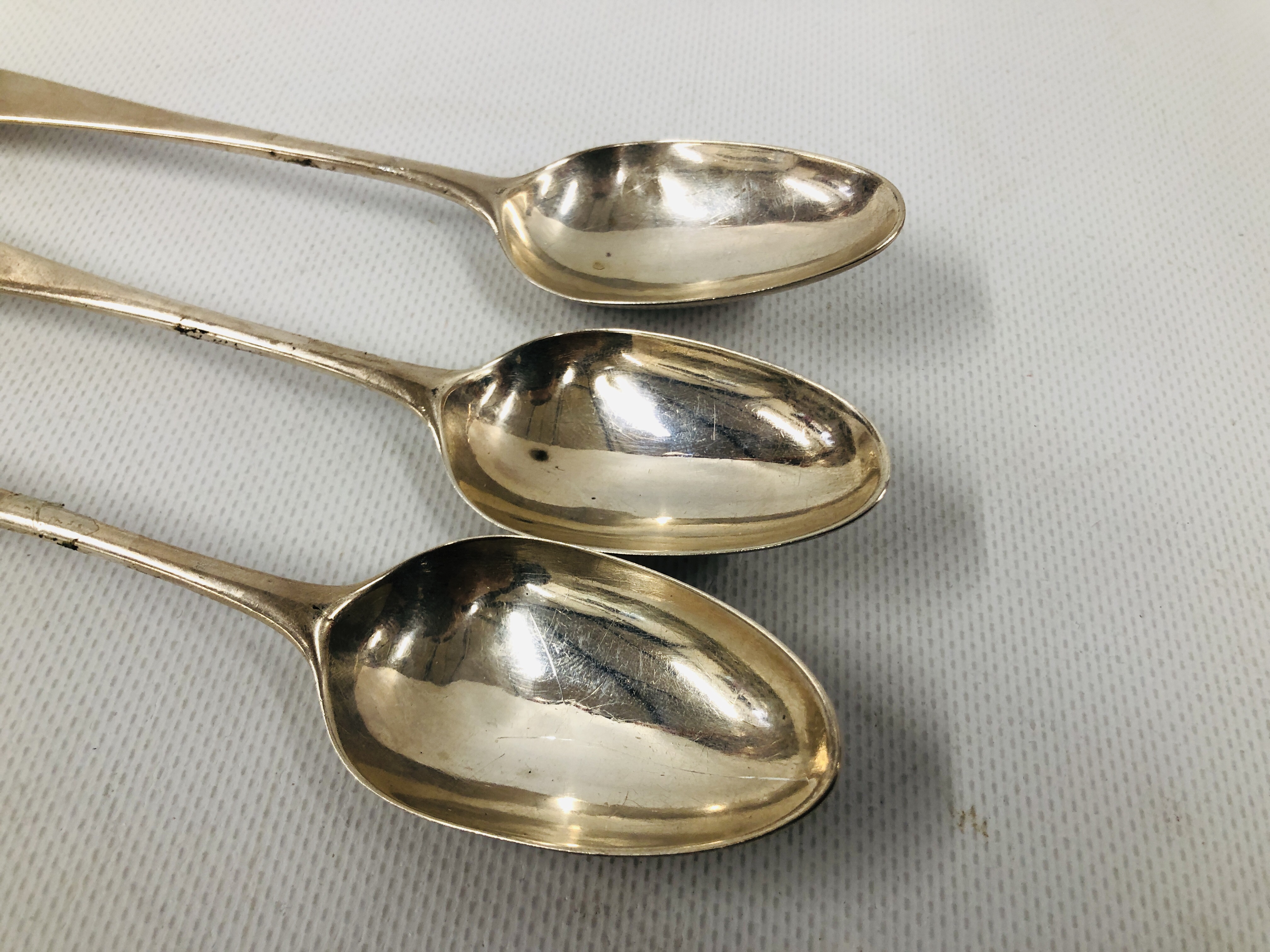 THREE GEORGE II SILVER OLD ENGLISH PATTERN DESSERT SPOONS, PROBABLY LONDON 1759. - Image 2 of 8