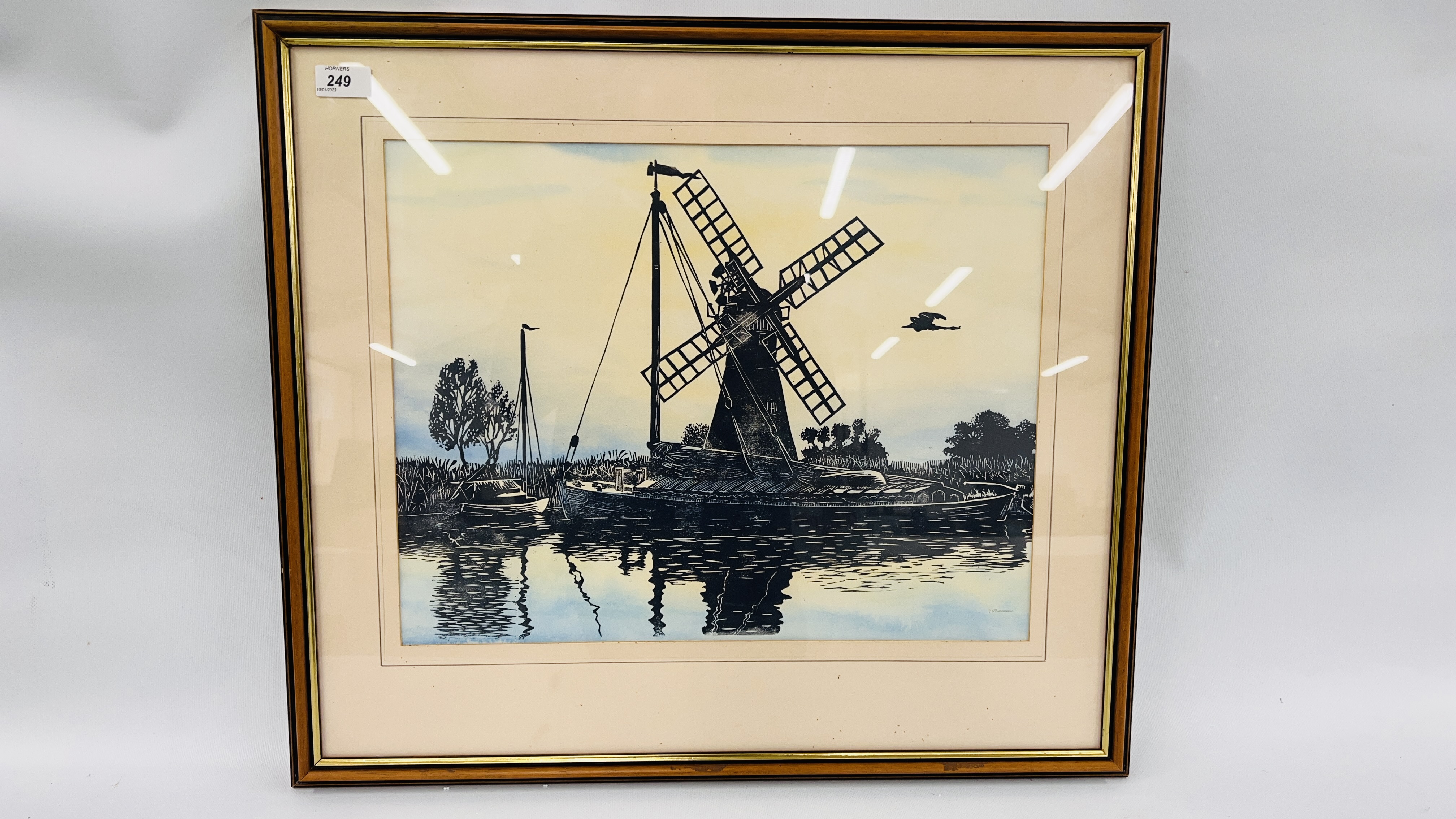 A FRAMED AND MOUNTED PETER BEARMAN BLOCK PRINT "HORSEY MILL, NORFOLK".