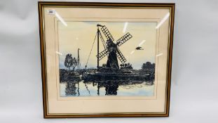 A FRAMED AND MOUNTED PETER BEARMAN BLOCK PRINT "HORSEY MILL, NORFOLK".