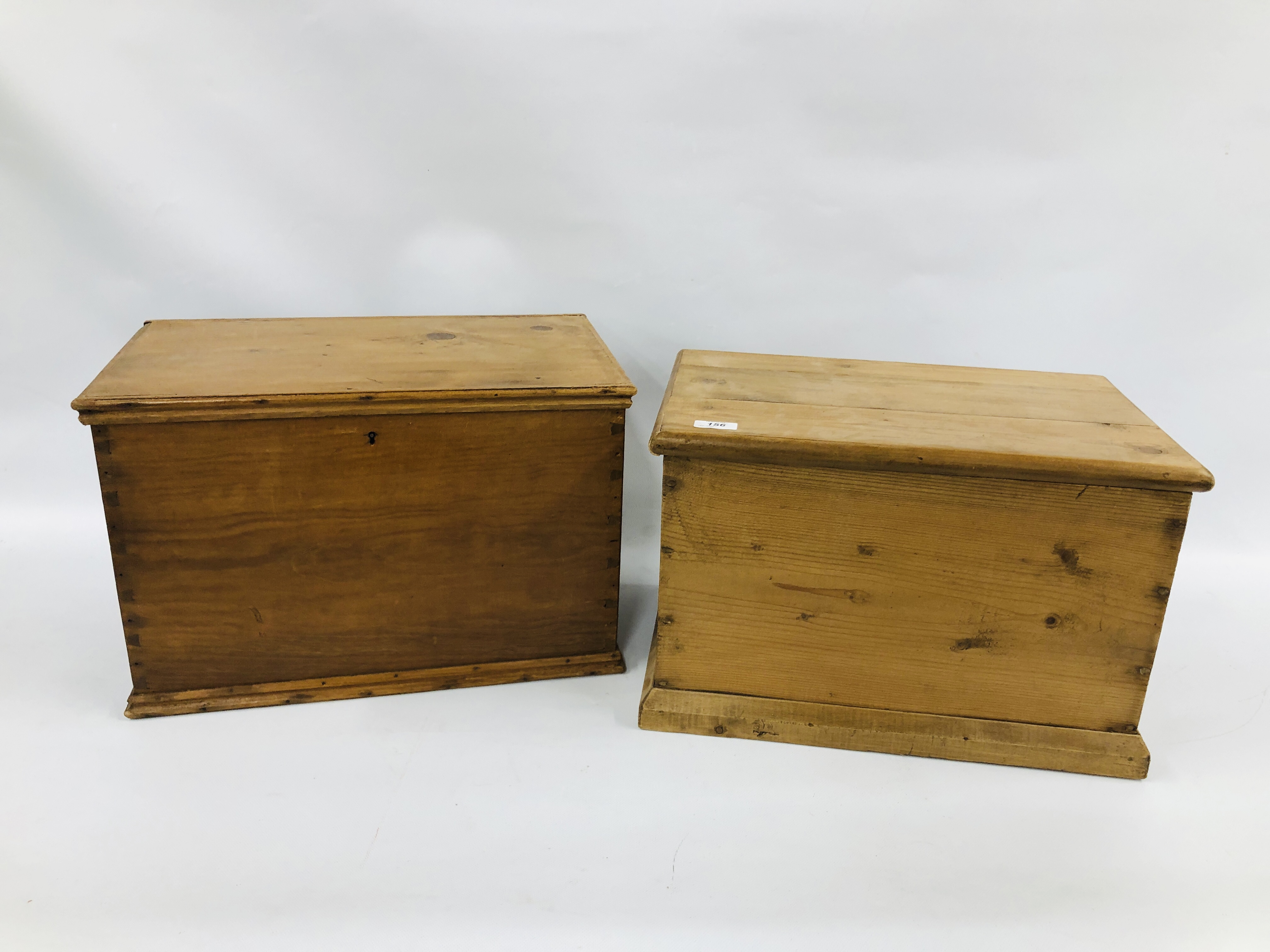 TWO ANTIQUE PINE DEED/TREASURY BOXES EACH APPROX. WIDTH 49CM. DEPTH 30CM. HEIGHT 33CM.