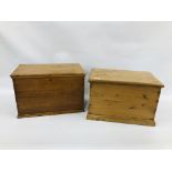 TWO ANTIQUE PINE DEED/TREASURY BOXES EACH APPROX. WIDTH 49CM. DEPTH 30CM. HEIGHT 33CM.