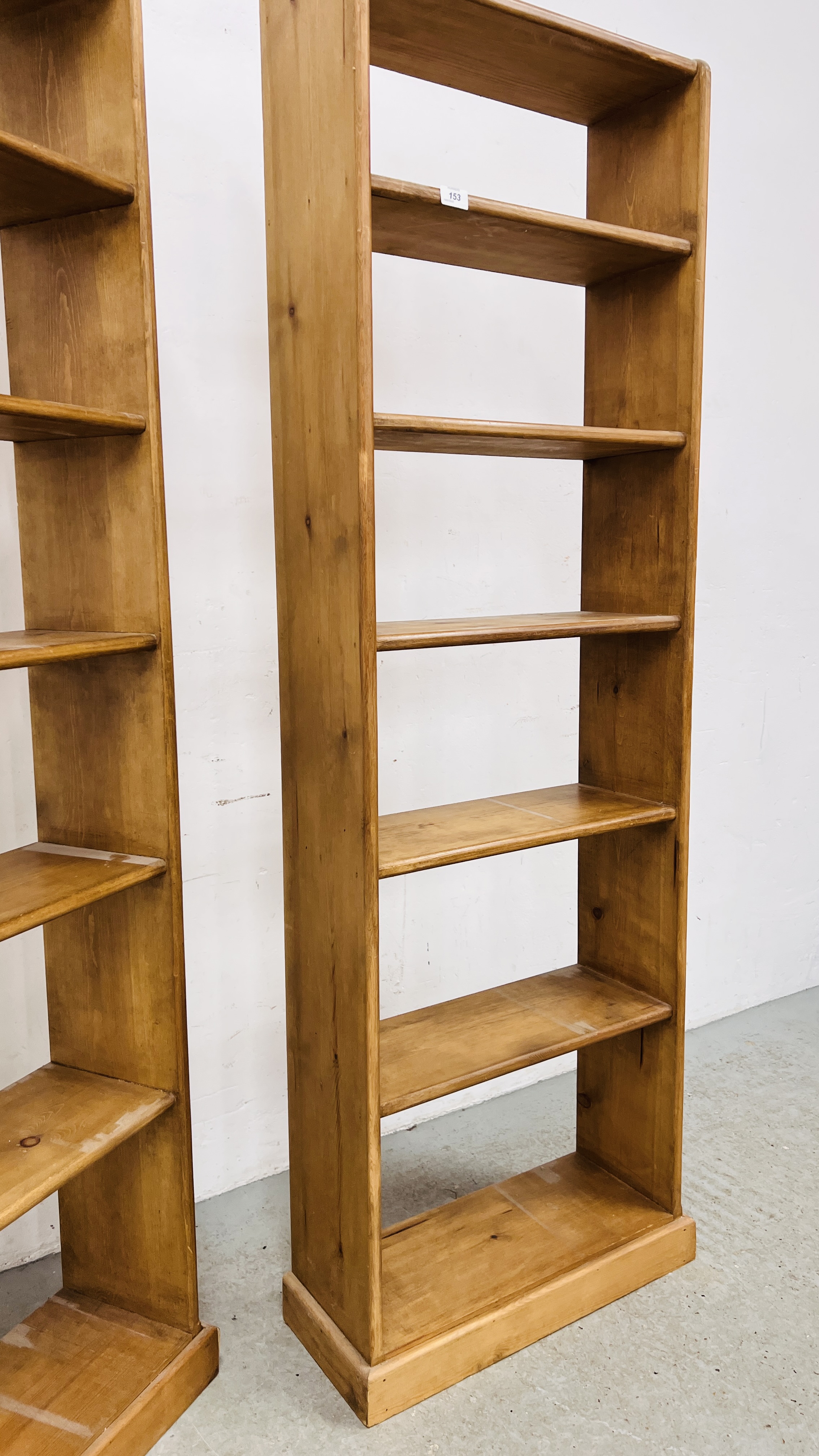 THREE WAXED PINE SEVEN TIER OPEN BACK SHELVES TO INCLUDE 2 X WIDTH 55CM. HEIGHT 176CM. - Image 9 of 13