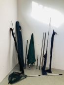 COLLECTION OF FISHING RODS, NETS AND PROTECTIVE CASES TO INCLUDE 11FT COMMERCIAL PELLET COMBO,