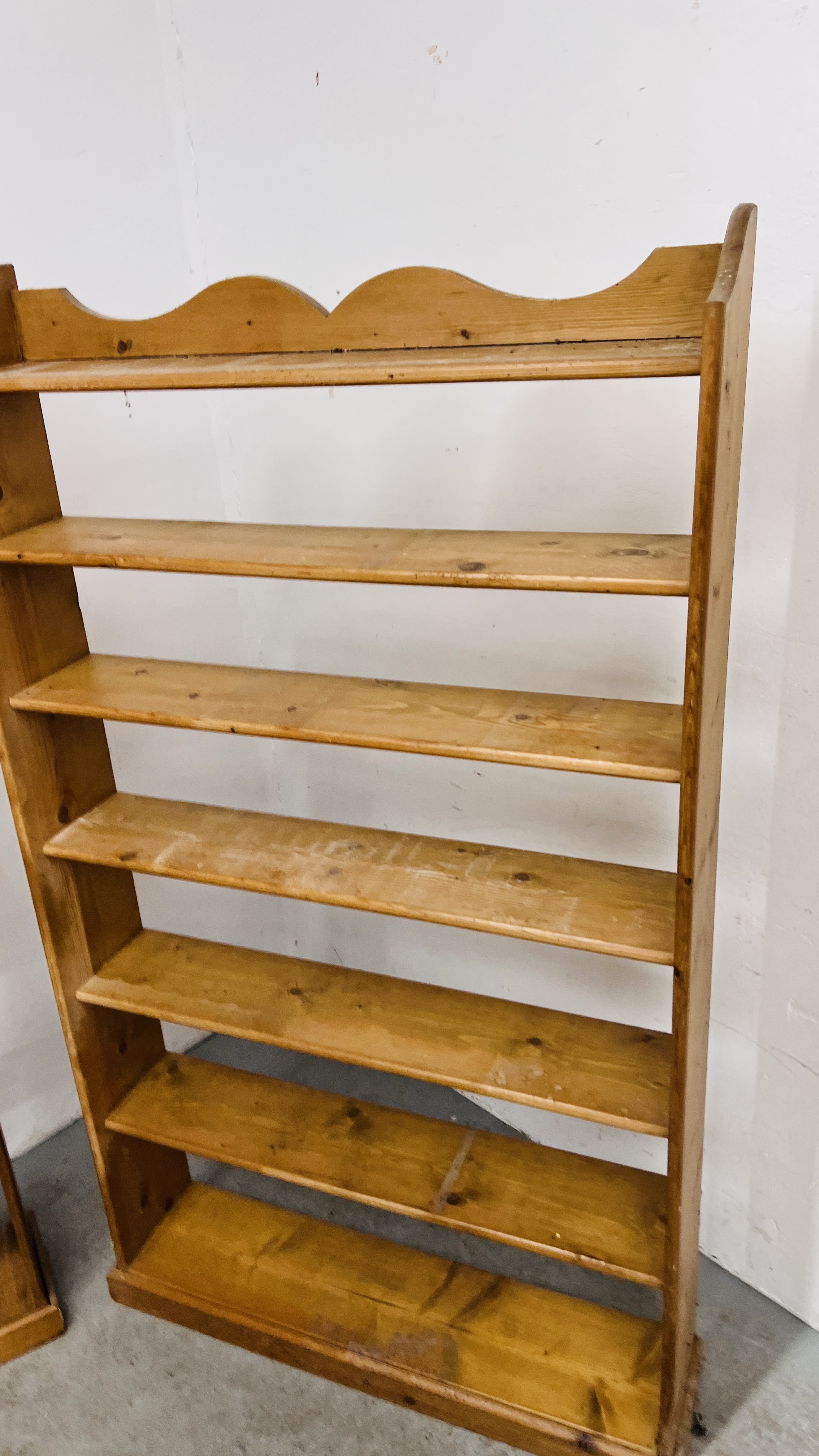 THREE WAXED PINE SEVEN TIER OPEN BACK SHELVES TO INCLUDE 2 X WIDTH 55CM. HEIGHT 176CM. - Image 11 of 13