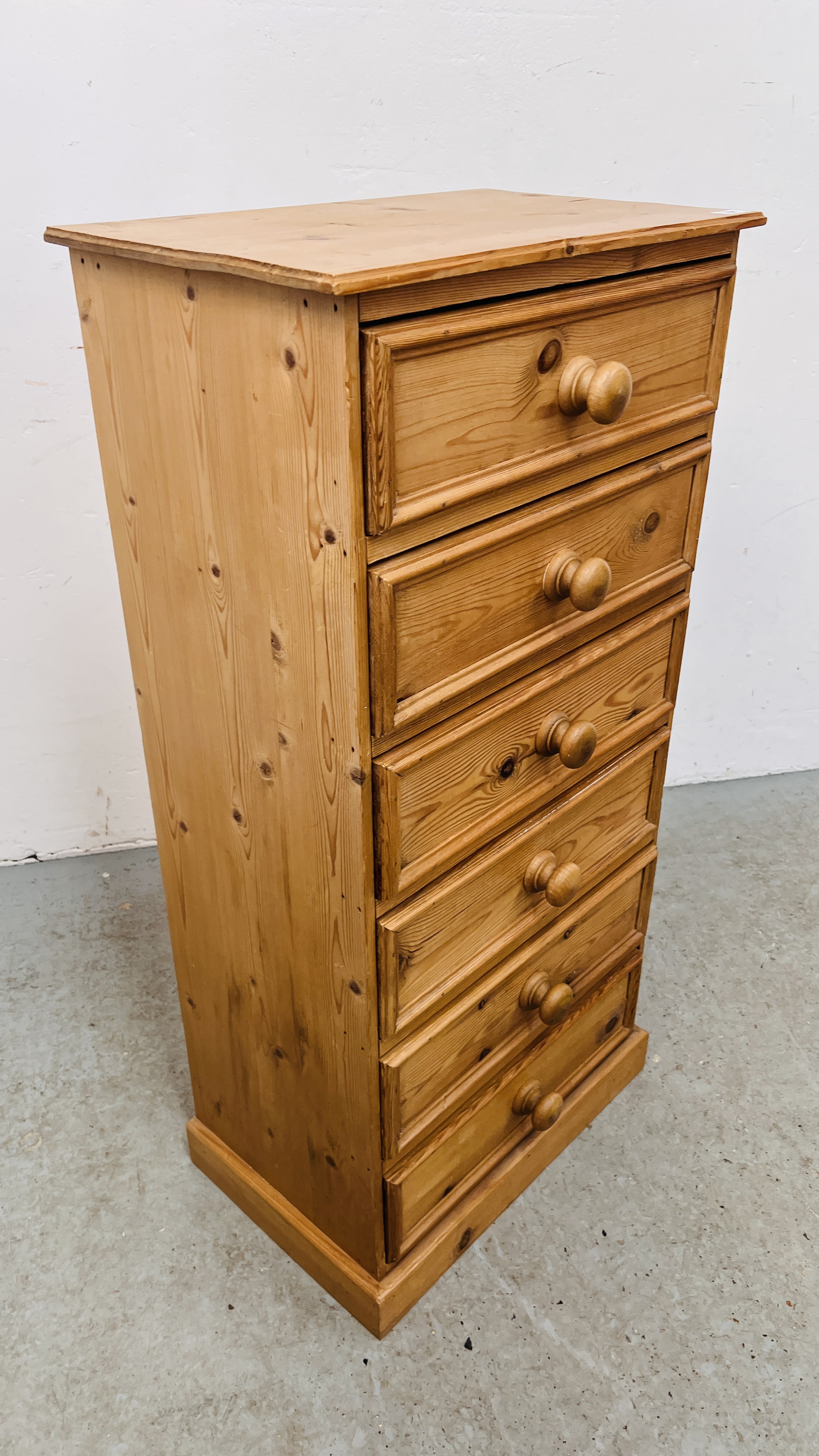 WAXED PINE SIX DRAWER TOWER CHEST HEIGHT 106CM. WIDTH 52CM. DEPTH 32CM. - Image 6 of 9