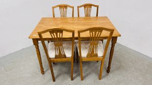 A MODERN SOLID BEECHWOOD DINING TABLE AND FOUR CHAIRS - TABLE 120 X 75CM.