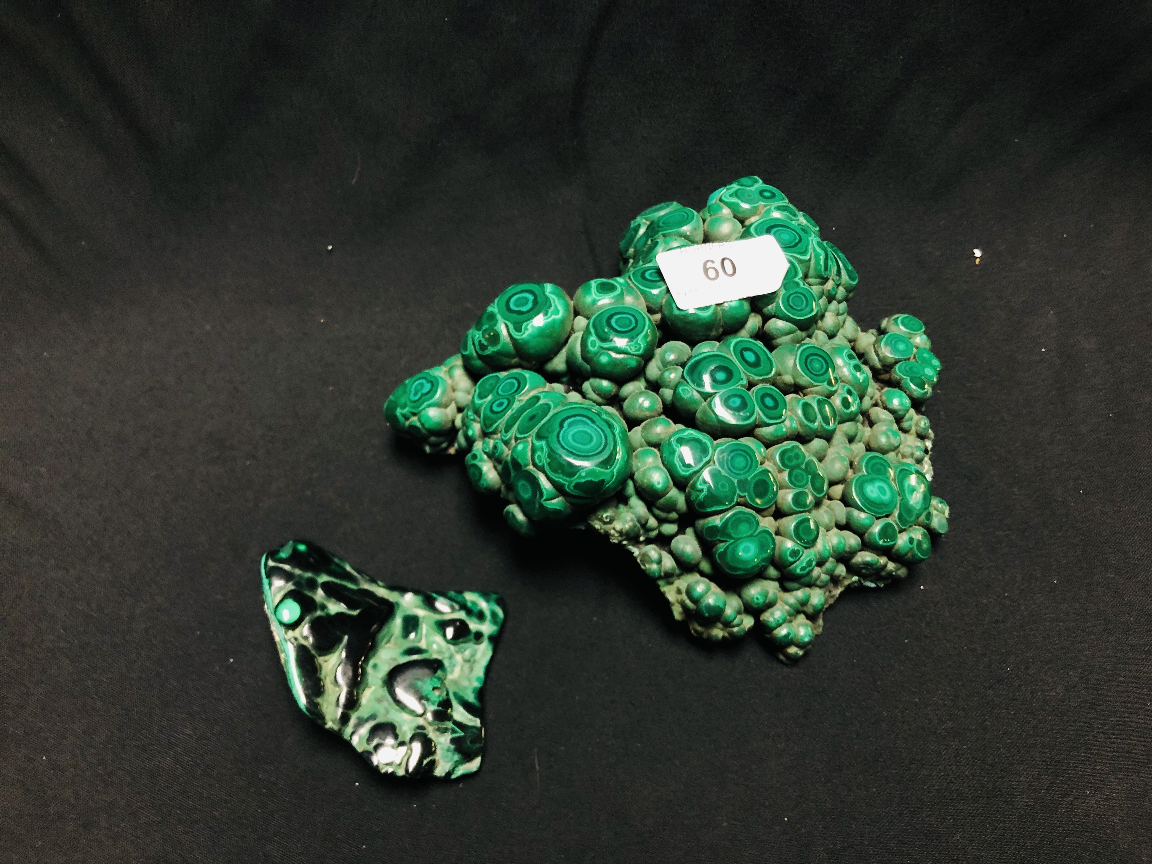A MALACHITE CRYSTAL CLUSTER AND ONE OTHER, L 18CM X W 18CM X H 5.5CM.