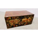 AN ANTIQUE CHINESE CAMPHOR WOOD THEATRICAL COSTUME TRUNK THE FRONT HAND PAINTED PANEL DEPICTING