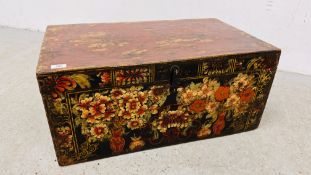 AN ANTIQUE CHINESE CAMPHOR WOOD THEATRICAL COSTUME TRUNK THE FRONT HAND PAINTED PANEL DEPICTING