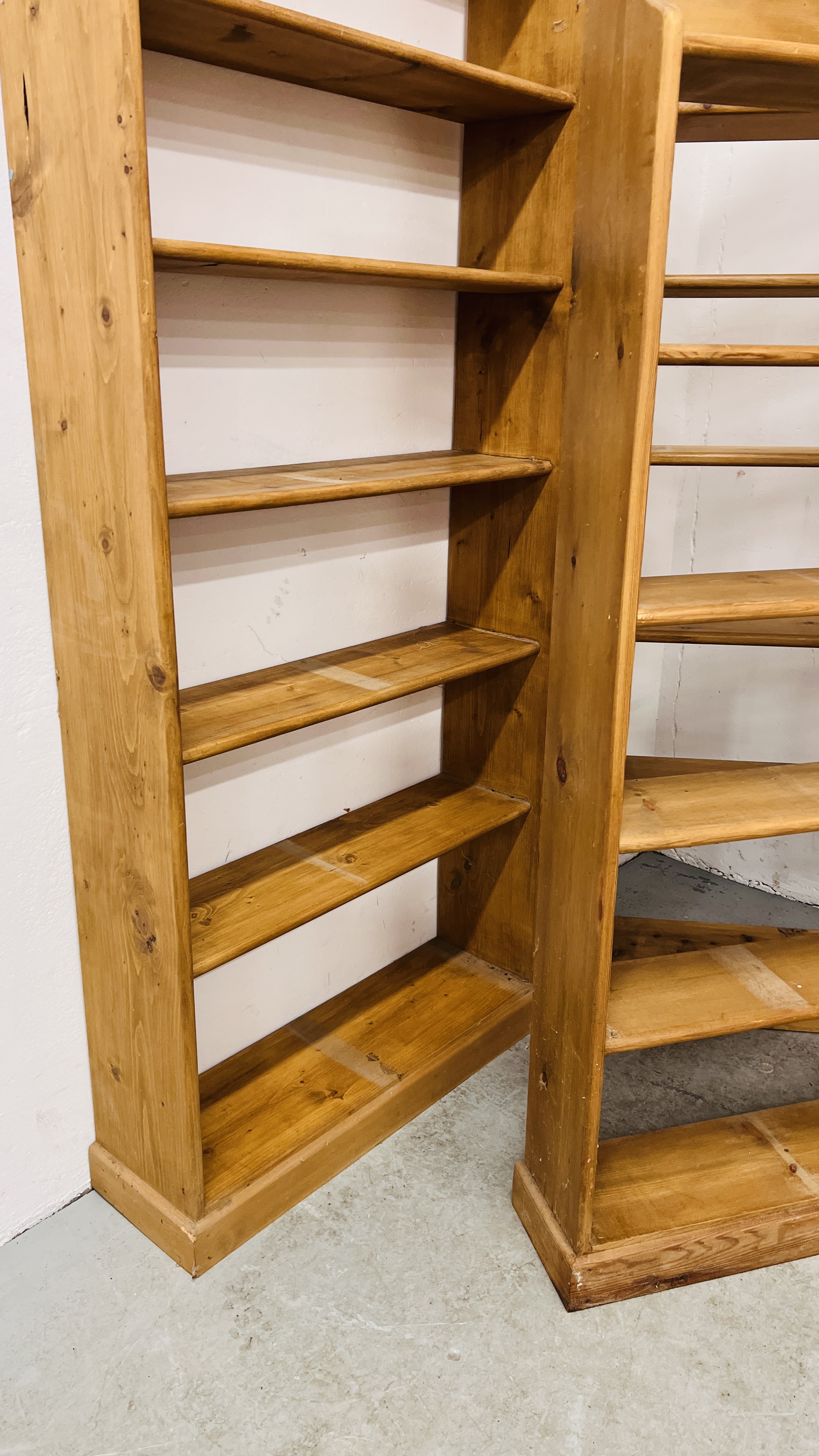 THREE WAXED PINE OPEN BOOK SHELVES TO INCLUDE 2 X SEVEN TIER WIDTH 73CM. HEIGHT 174CM. - Image 9 of 14