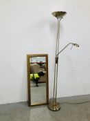 MODERN GILT FRAMED DRESSING MIRROR ALONG WITH A MODERN FLOOR STANDING UPLIGHTER WITH ADJUSTABLE